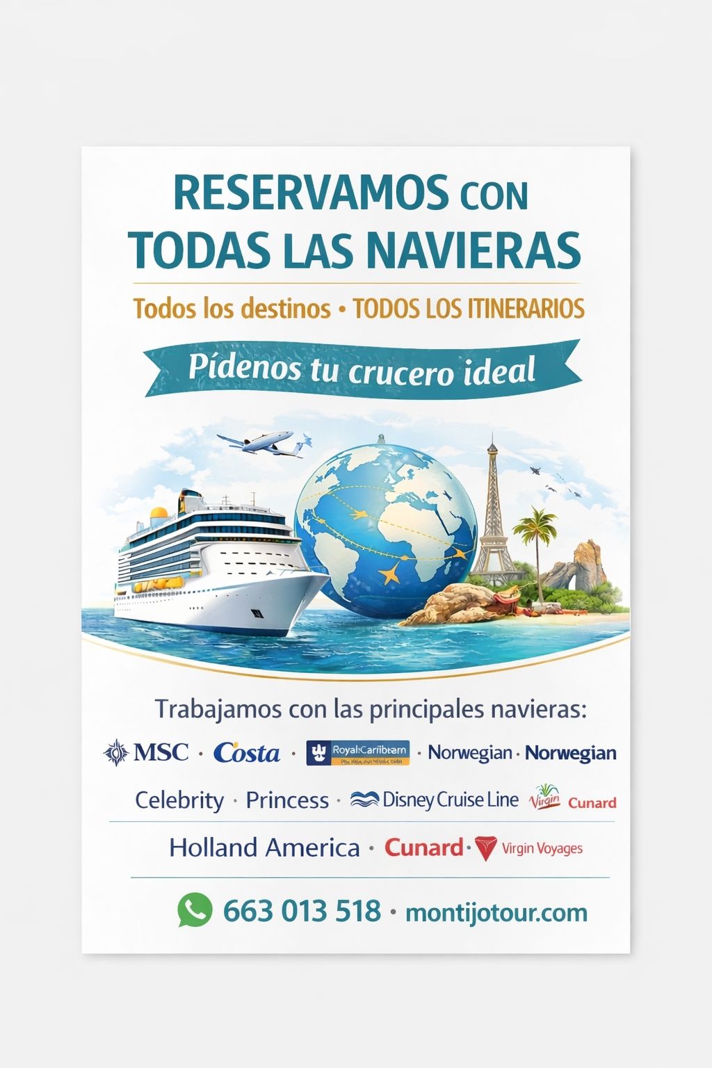 “Reservamos con todas las navieras”, todos los destinos y todos los itinerarios, con imagen de crucero y logos de navieras. 