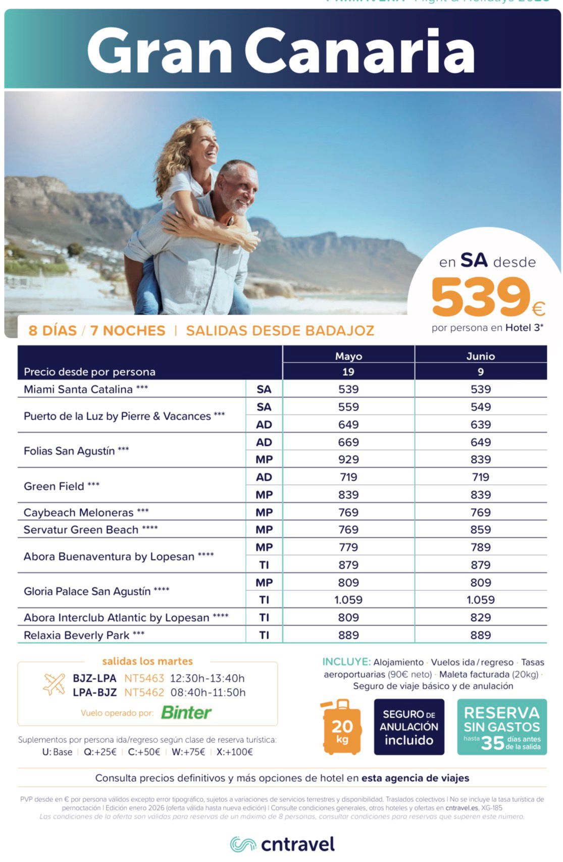 Oferta Gran Canaria desde Badajoz: 8 días/7 noches, precio desde 539€, vuelos con Binter, maleta 20 kg y seguro de anulación incluido.