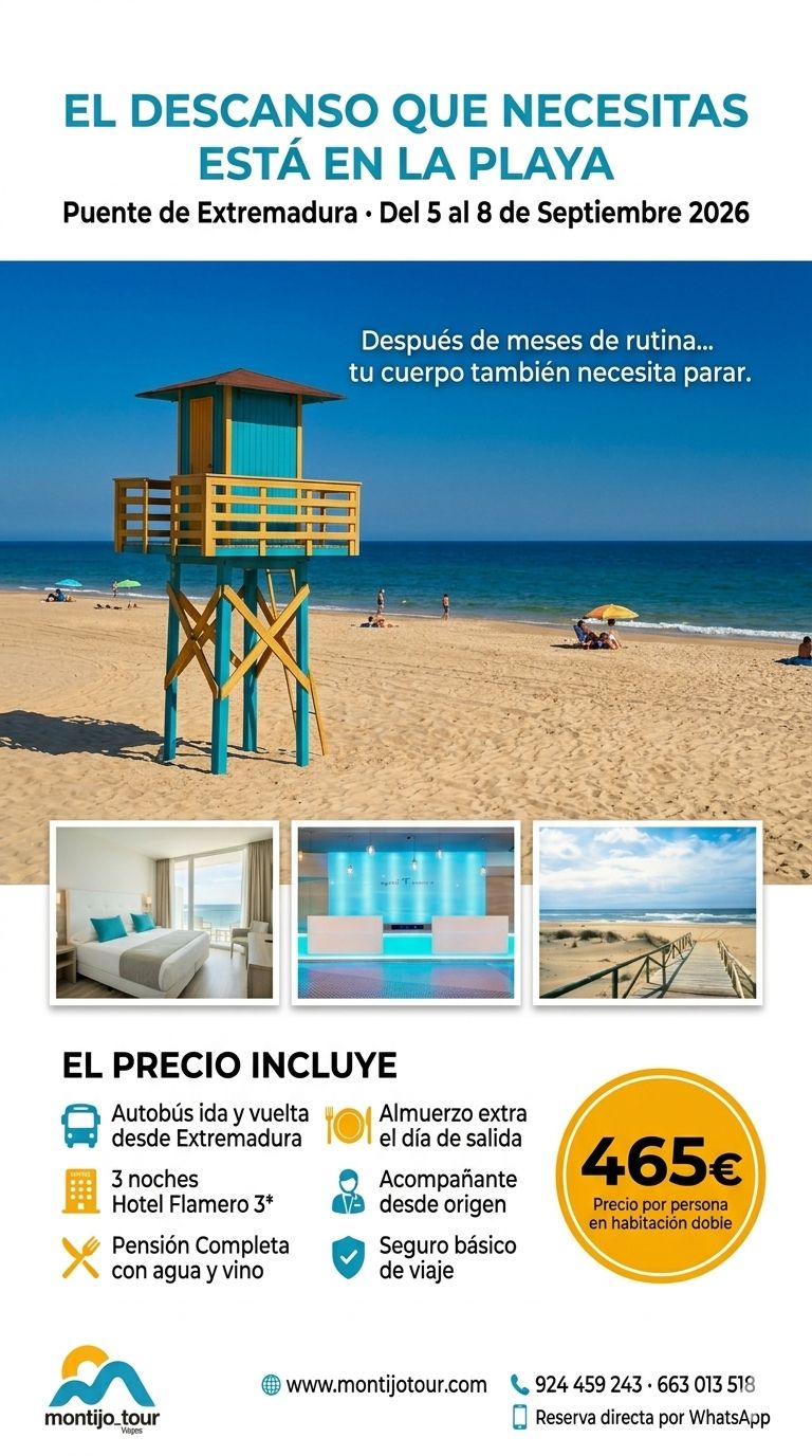 Septiembre, Matalascañas, Flamero, Autobus, pension completa, primera quincena