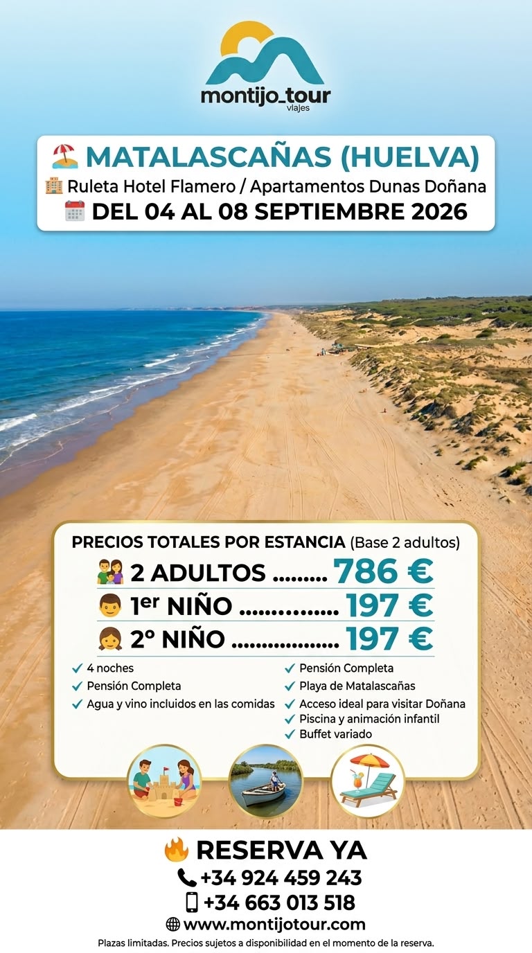 Matalascañas, Flamero, Dunas, SEptiembre, 4 noches, hotel, playa, pension completa
