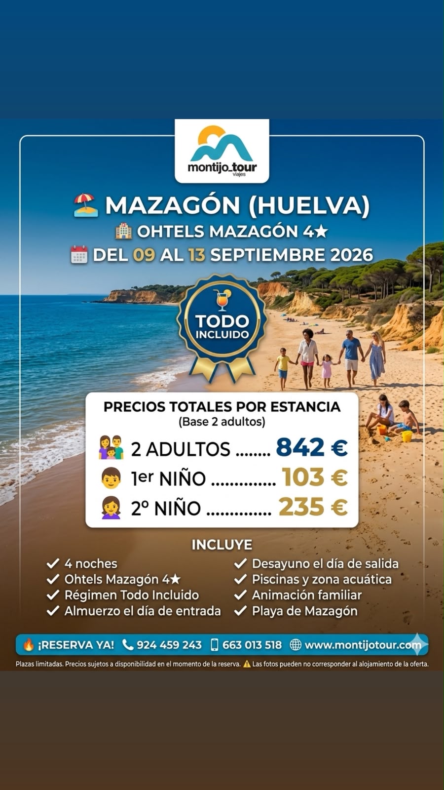 Mazagon, SEptiembre, 4 noches, playa, pension completa, hotel, niños muy economicos