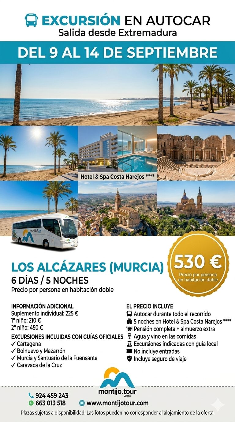 Murcia, Los Alcazares, Septiembre, hotel y playa, Autobus, 5 noches
