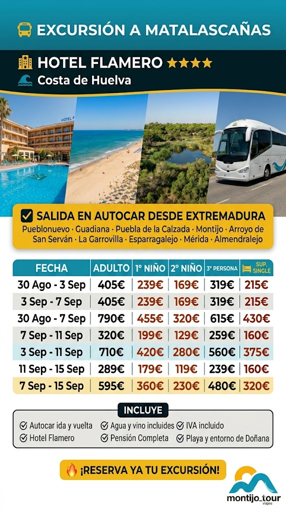 Septiembre, Matalascañas, Autobus, Flamero, hotel y playa, pension completa
