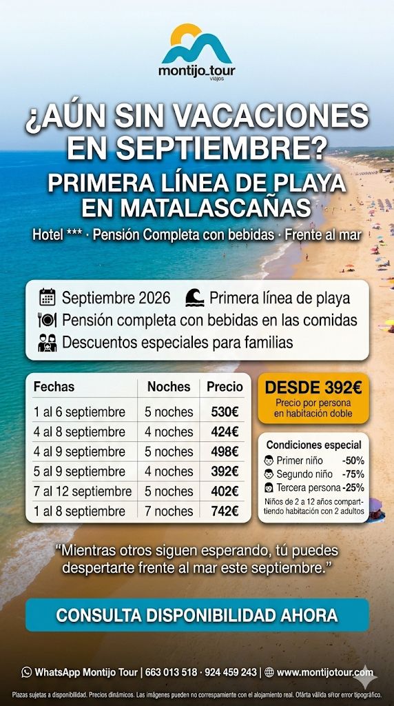 Septiembre, Matalascañas, HOtel, playa, pension completa, niños a mitad precio