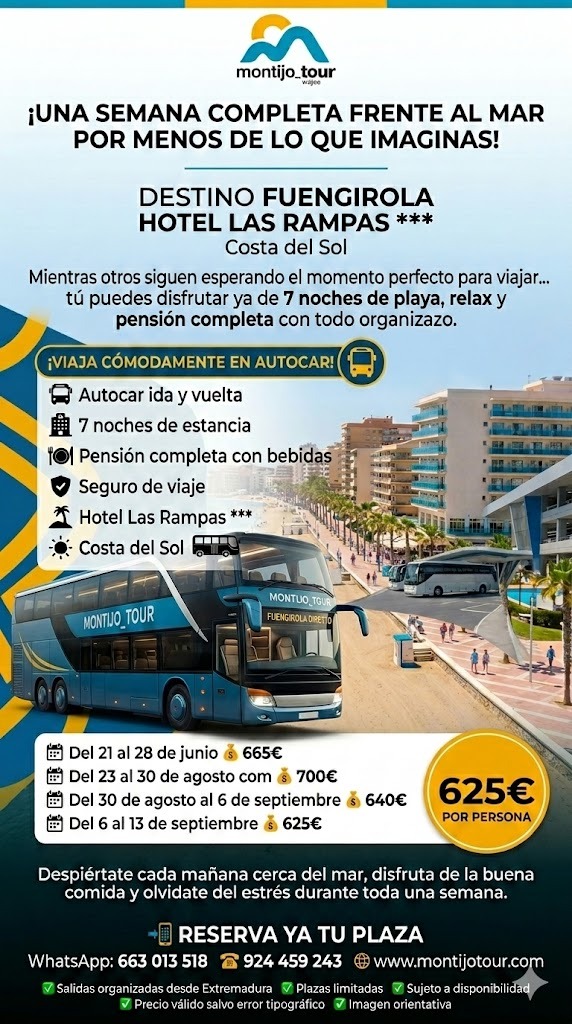 Verano, Fuengirola, playa, hotel, pension completa, AUTOBUS, 7 NOCHES, JUNIO,AGOSTO, SEPTIEMBRE