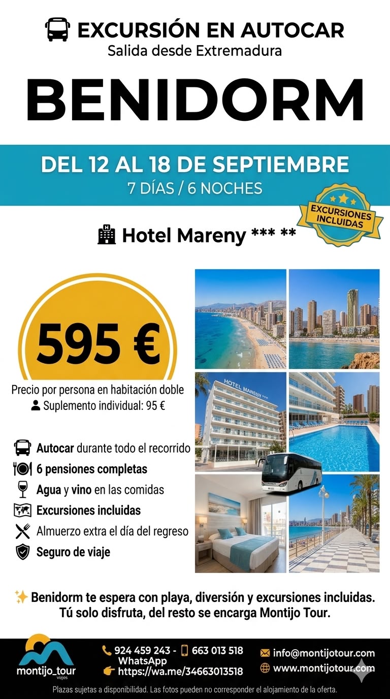 Benidorm, Autocar, septiembre, del 12 al 18, pension completa,