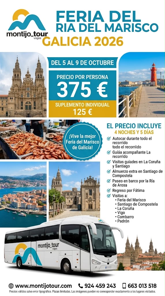 Galicia, Feria Marisco, Autocar, Octubre, 4 noches, pension completa