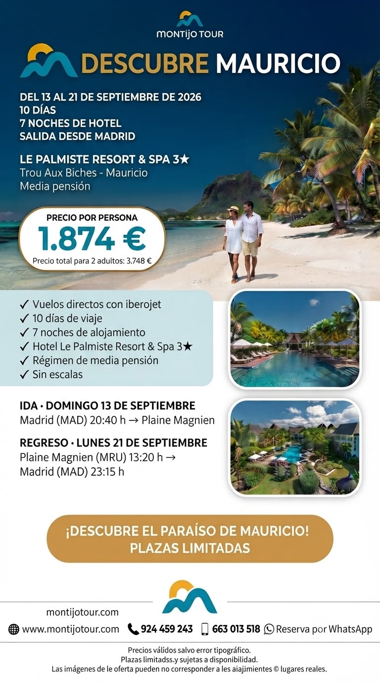 Islas Mauricio, del 13 al 21 de septiembre, 7 noches, vuelos