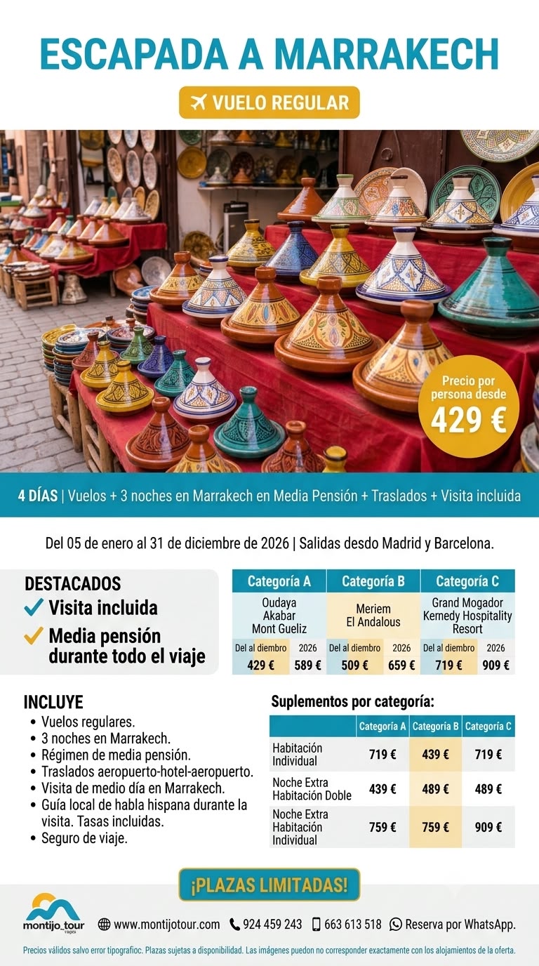 Marrakech, 2026, media pension, vuelos, traslados