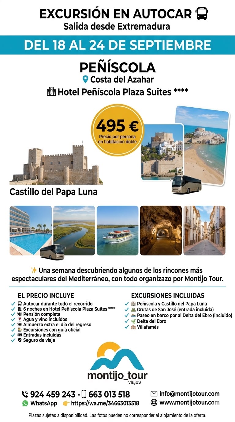 Peñíscola, septiembre, del 18 al 24, con autobus, pension completa