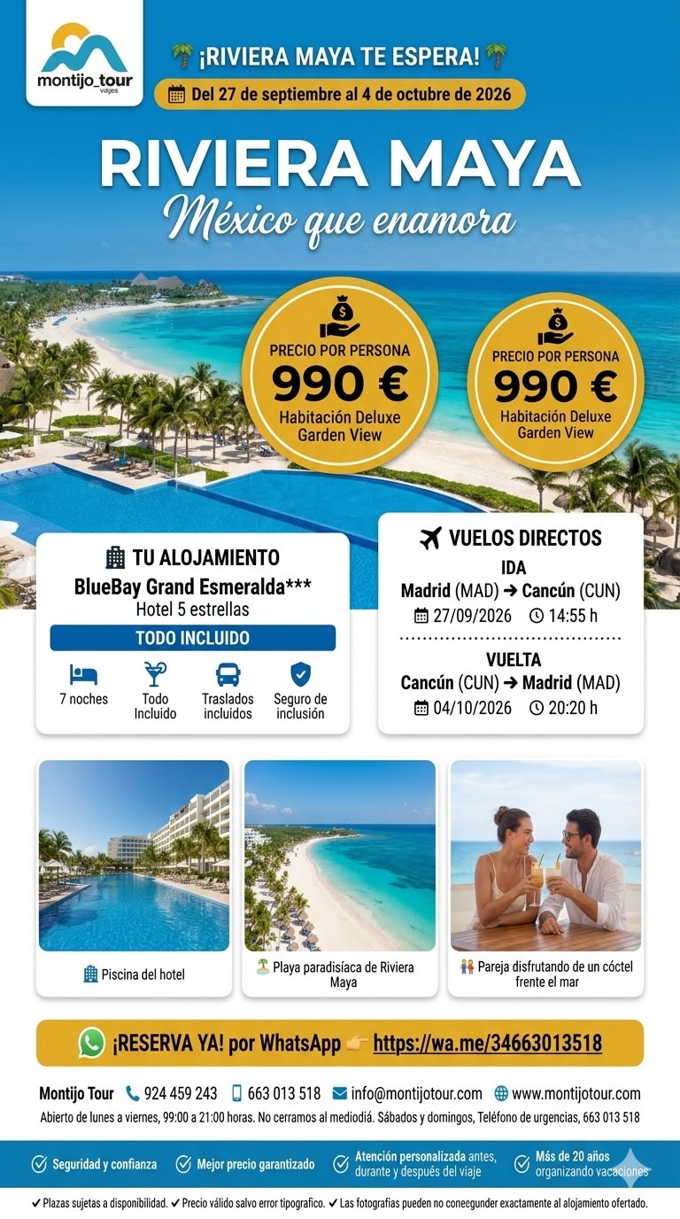 Rivera Maya, SEptiembre, del 27 al 4 de octubre, todo incluido, vuelos, hotel, y traslados
