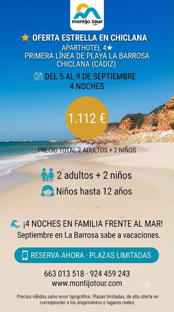 Chiclana, Septiembre, 4 noches, dos niños gratis, del 5 al 9