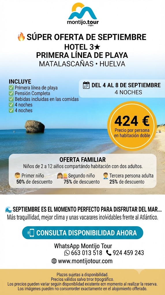 Malascañas, Septiembre, Pension completa, playa, hotel, descuento niños