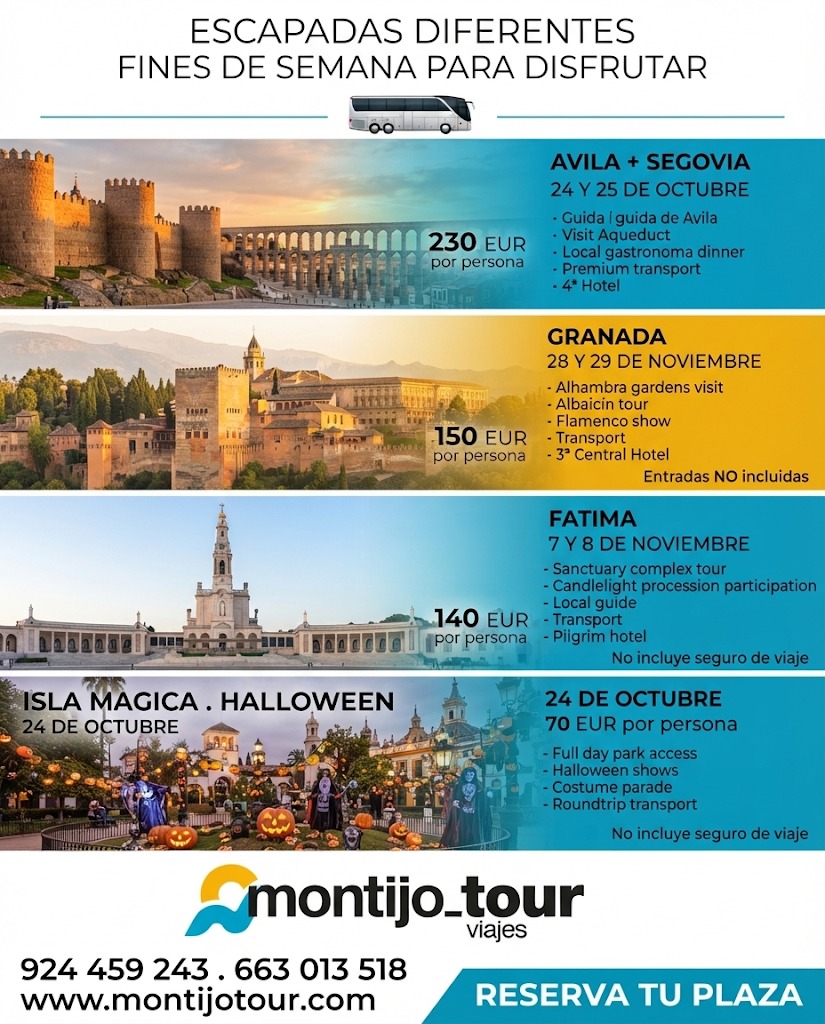 Escapadas fin de semana, Avila, Granada, Fatima, Isla Mágica, con Autocar, y una noche de hotel
