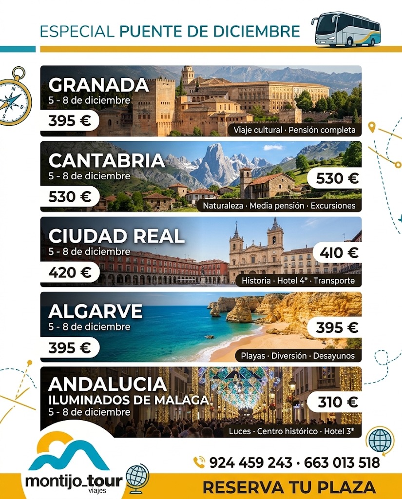 Puente de Diciembre, Autocar, Granada, Cantabria, Ciudad Real, Algarve, Andalucia