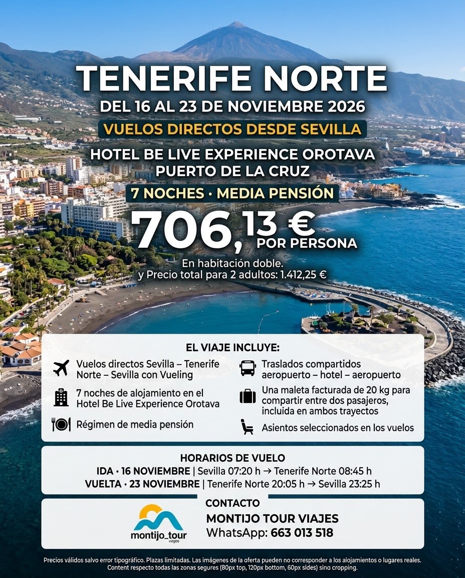 Tenerfie, Noviembre, 2026, vuelos y hotel, 7 noches